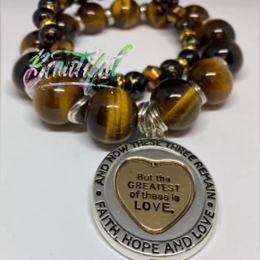 NWT “but the Greatest of ALL” 1st Corinthians 13:13 10mm Tiger Eye 2PC Bracelets - Picture 1 of 8